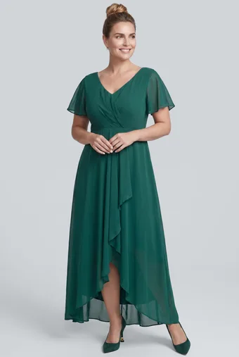 abito lungo verde con orlo asimmetrico