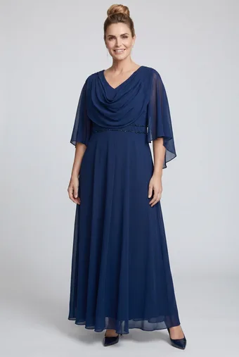 abito lungo blu navy con cintura decorata con perline.
