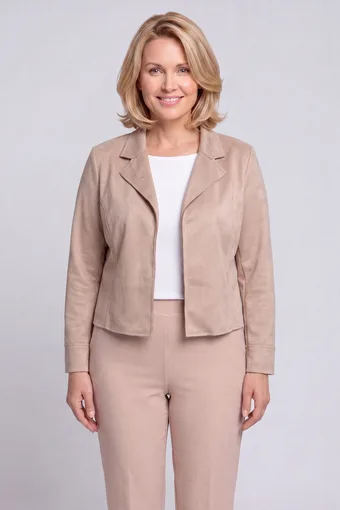 cardigan corta beige in finta pelle scamosciata