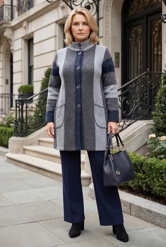 cappotto a cinture grigie e blu