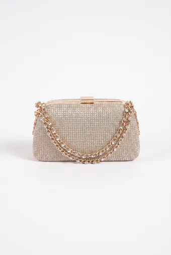 pochette a doppia catena dorata con cristalli