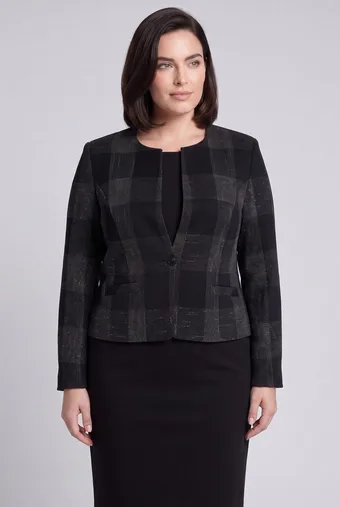 blazer corta nera a quadri grigi