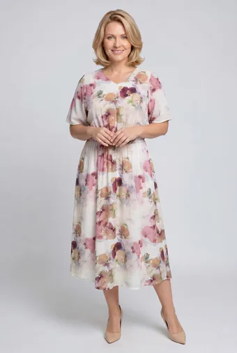 Abito beige con fiori color pastello