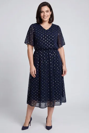 Abito blu navy con motivi dorati e neri