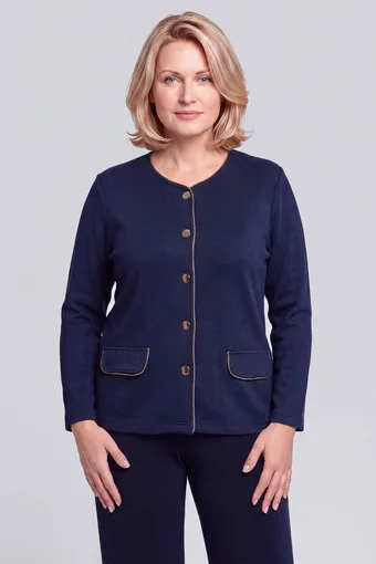 maglione blu navy con chiusura a bottoni dorati.