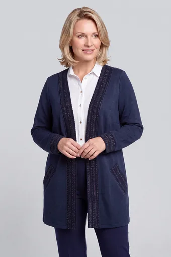 cardigan blu navy con finiture lucide