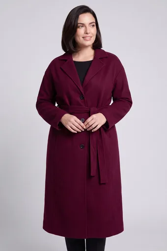 cappotto lungo viola scuro con cintura
