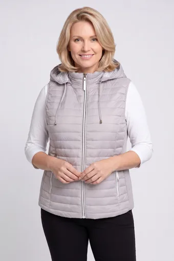 gilet trapuntato trapuntato grigio chiaro con cappuccio
