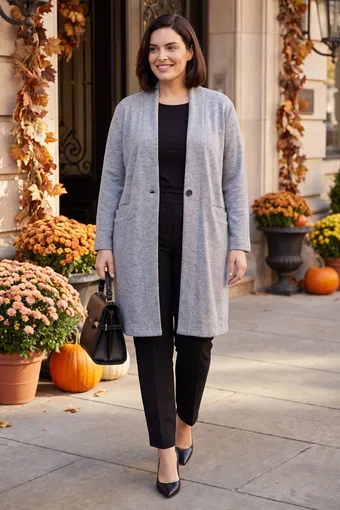cardigan lungo grigio con chiusura a bottone