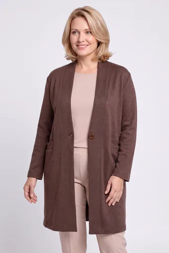 cardigan lungo marrone con chiusura a bottone