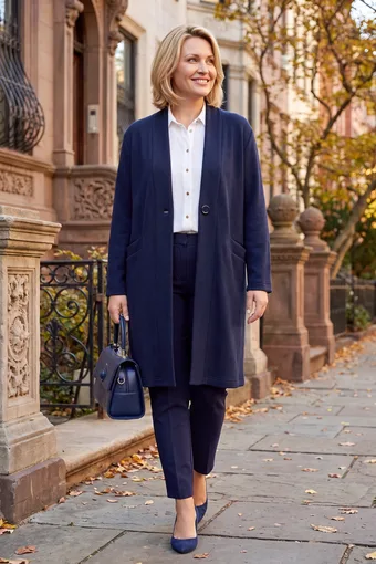 cardigan lungo blu navy con chiusura a bottone