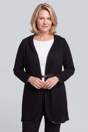 cardigan nera con chiusura e cappuccio