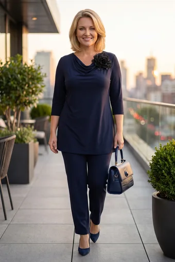 Tunica blu navy con spilla decorativa