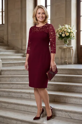 Abito bordeaux con scollo in pizzo